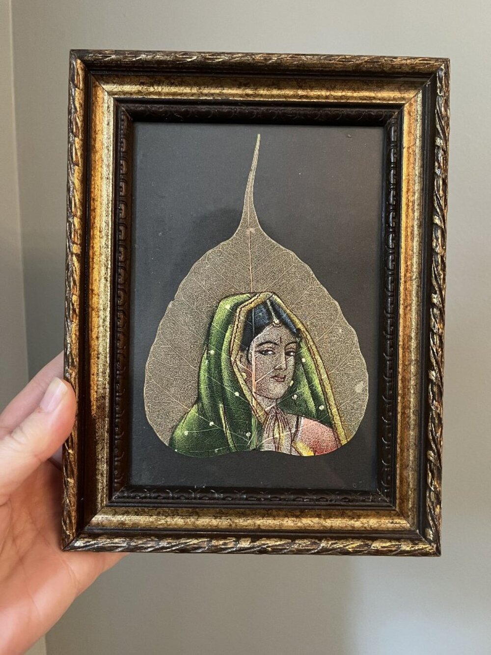 Vintage Indian Woman Painting On Peepal Leaf In Ornate Gold Frame 7x5 Inches